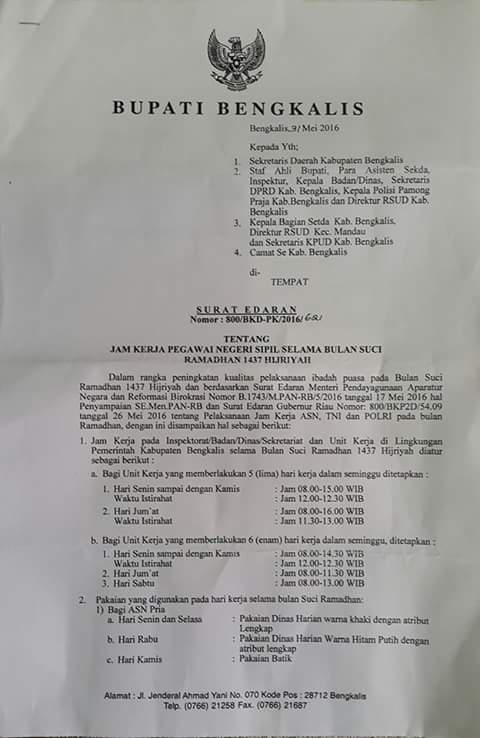 Pemkab Bengkalis Keluarkan Surat Edaran Jam Kerja ASN saat Ramadhan 
