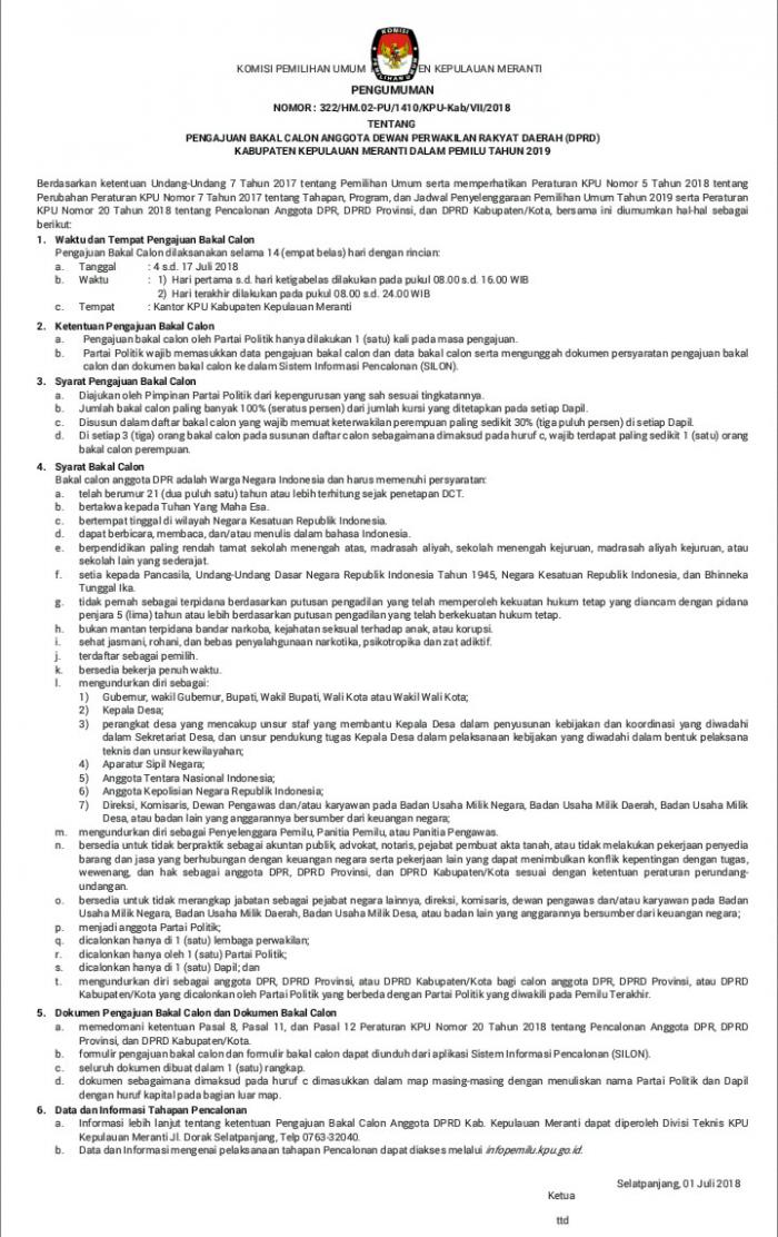 Pengumuman KPU Meranti Tentang Caleg Pada Pemilu 2019