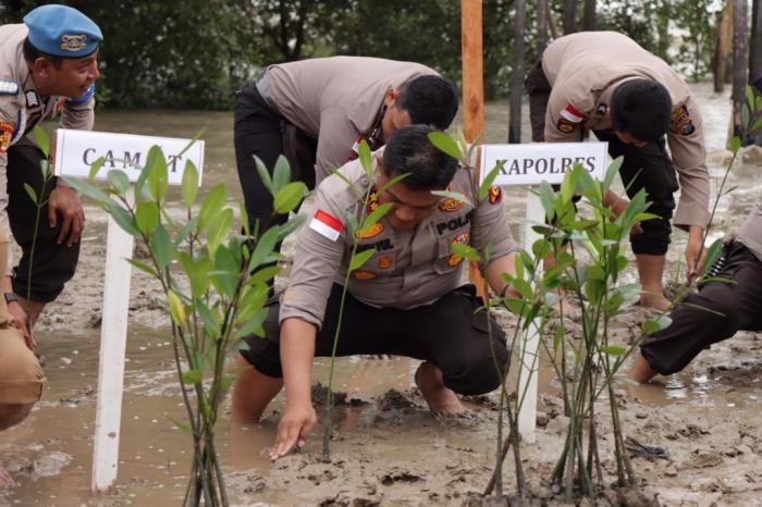 Polres Meranti Bersama Pemcam Rangsang Barat dan Gapoktan Tanam Mangrove di Pantai Tanjung Motong
