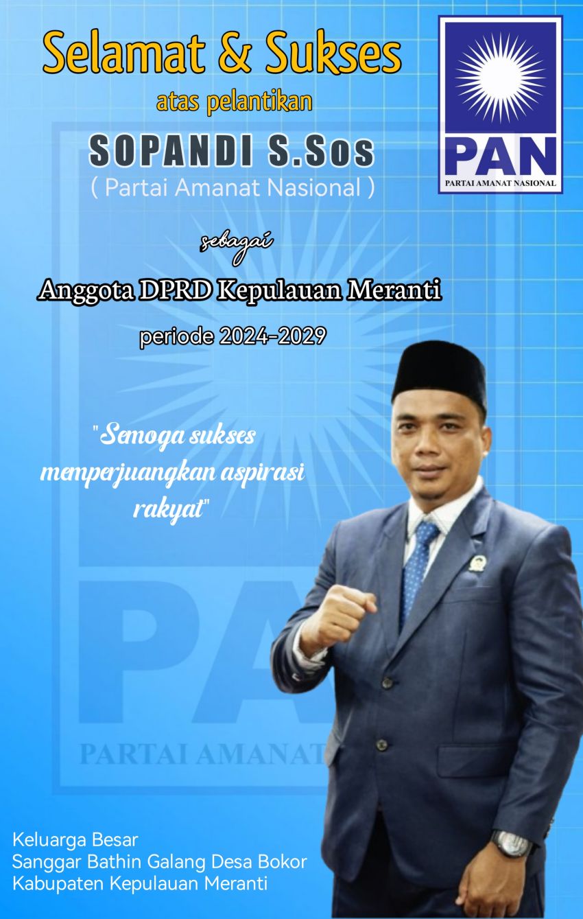 Iklan Ucapan Selamat Atas Pelantikan Sopandi S.Sos Sebagai Anggota DPRD Meranti
