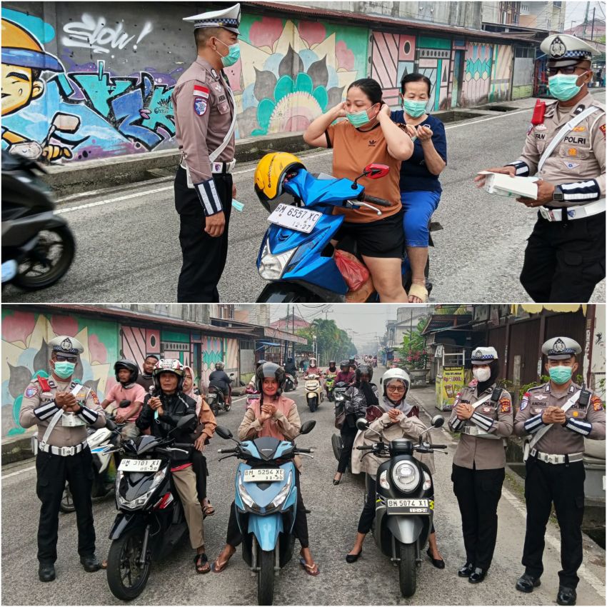 Peduli Kesehatan Masyarakat, Satlantas Polres Kepulauan Meranti Bagikan Masker ke Pengguna Jalan